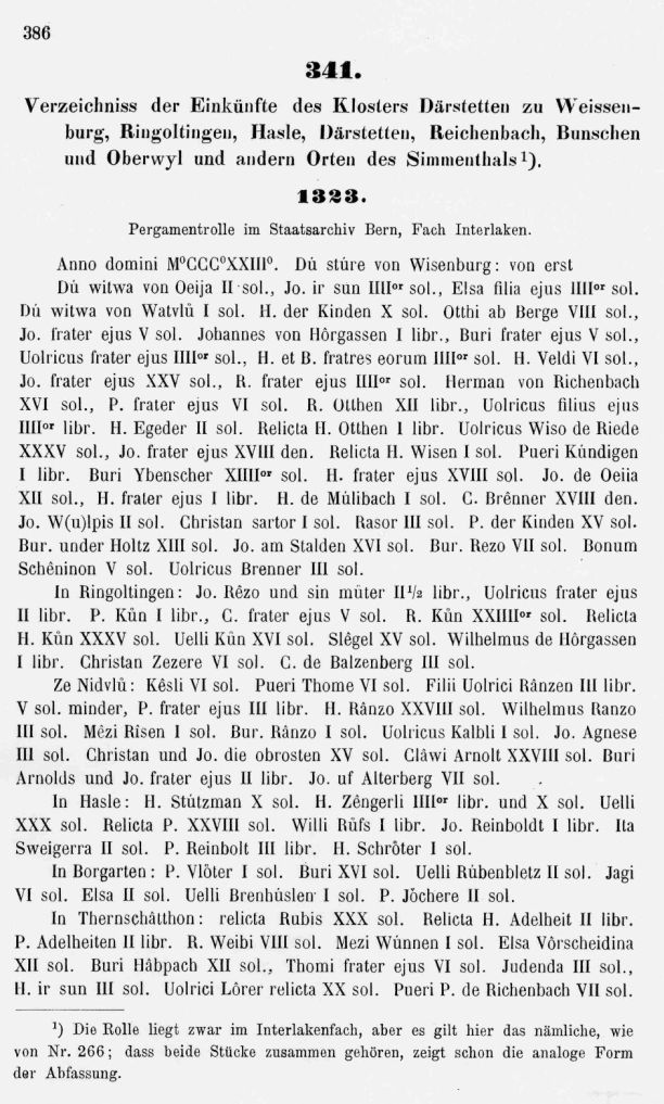 Seite 1 des Dokuments mit der ersten Erwähnung des Familiennamens Hählen/Hehlen aus dem Jahre 1323
