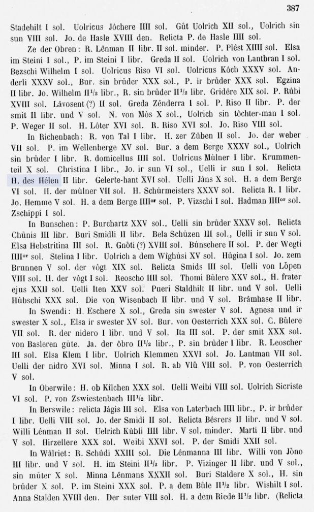 Seite 2 des Dokuments mit der ersten Erwähnung des Familiennamens Hählen/Hehlen aus dem Jahre 1323