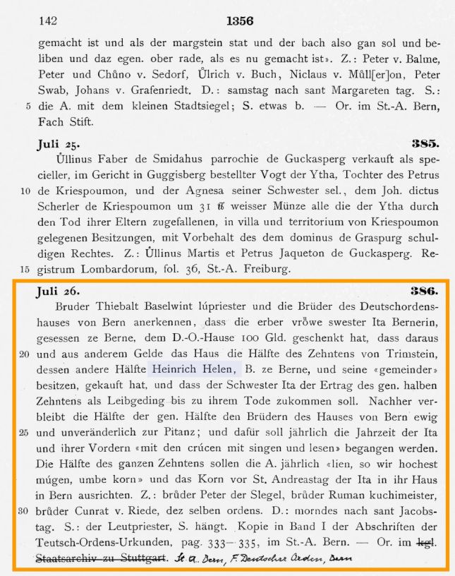 Dokument mit der zweiten Erwähnung des Familiennamens Hählen/Hehlen aus dem Jahre 1356